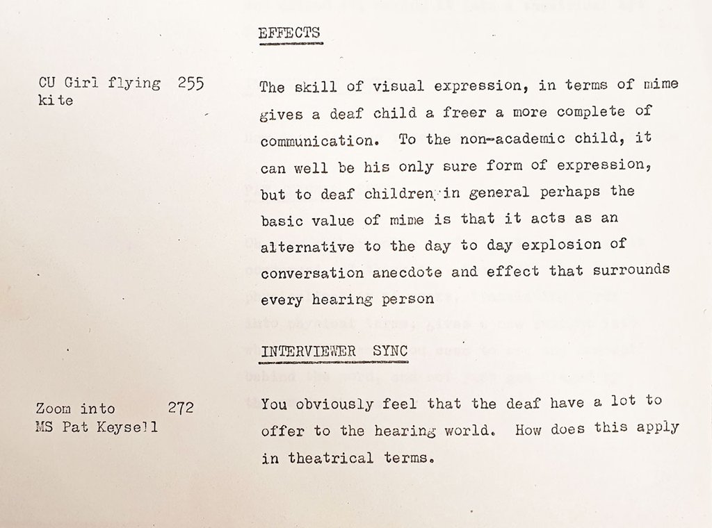Part of a typed script, including the instructions 'EFFECTS' and 'INTERVIEWER SYNC'.