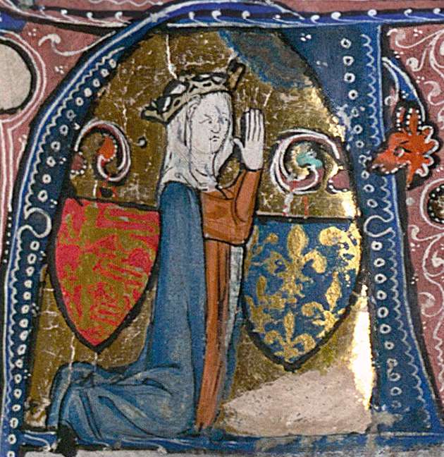 Gilded illustration of a woman wearing a crown kneeling to pray between two coats of arms.