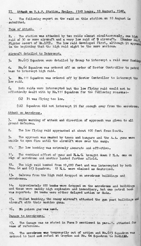 Typewritten page with 18 numbered points each describing a detail, eg '16. No poison gas was used.'