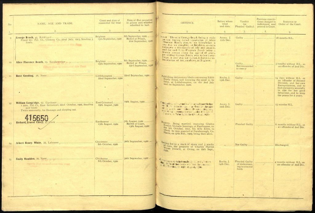 Yellowed document showing seven people's details, including name, offence and sentence.