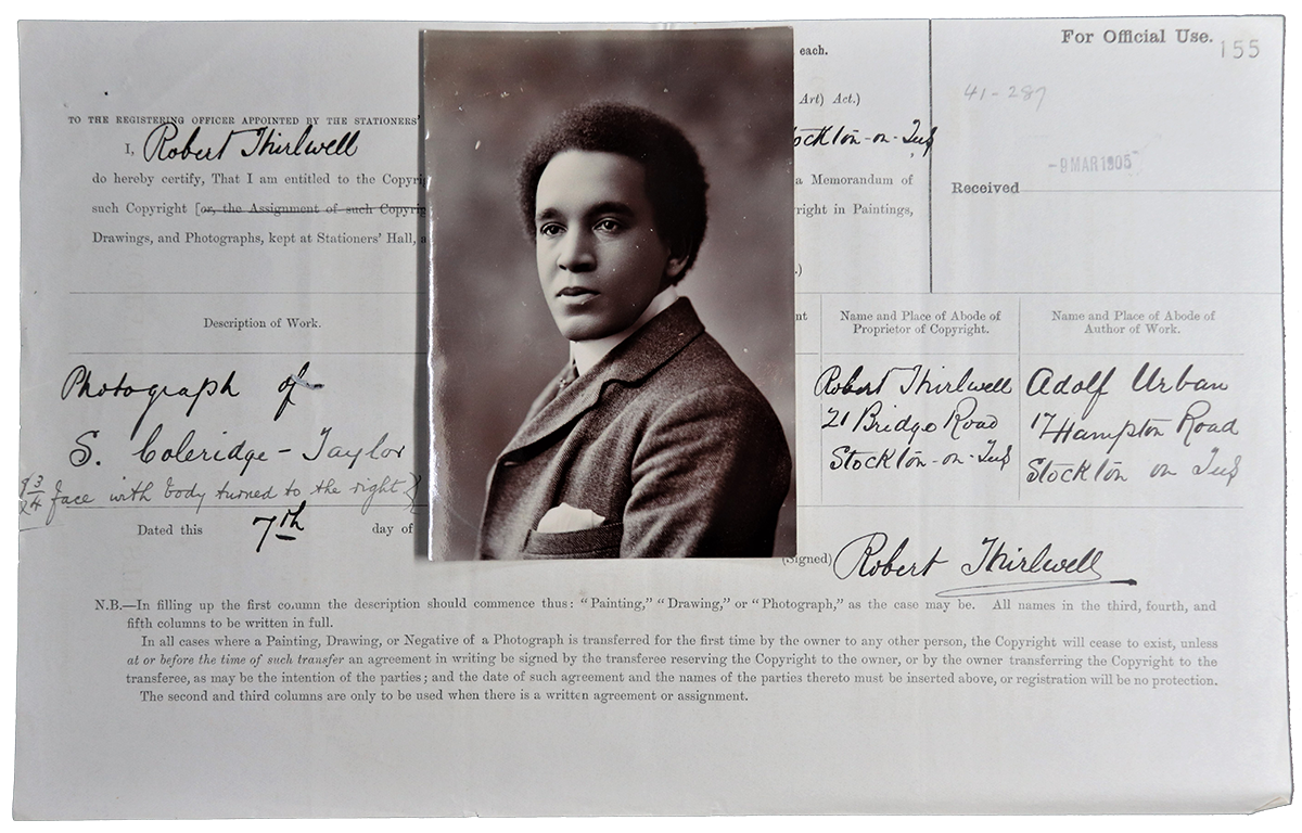 An official form with a black and white photograph attached of Coleridge-Taylor smartly dressed.