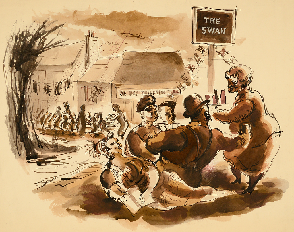 Ink and watercolour illustration of celebrating figures below a pub sign saying 'The Swan'.