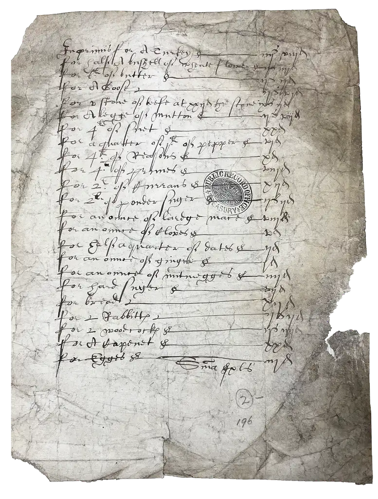 A 17th century document with a handwritten list of food items.