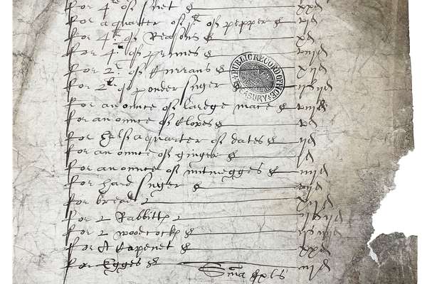 A 17th century document with a handwritten list of food items.