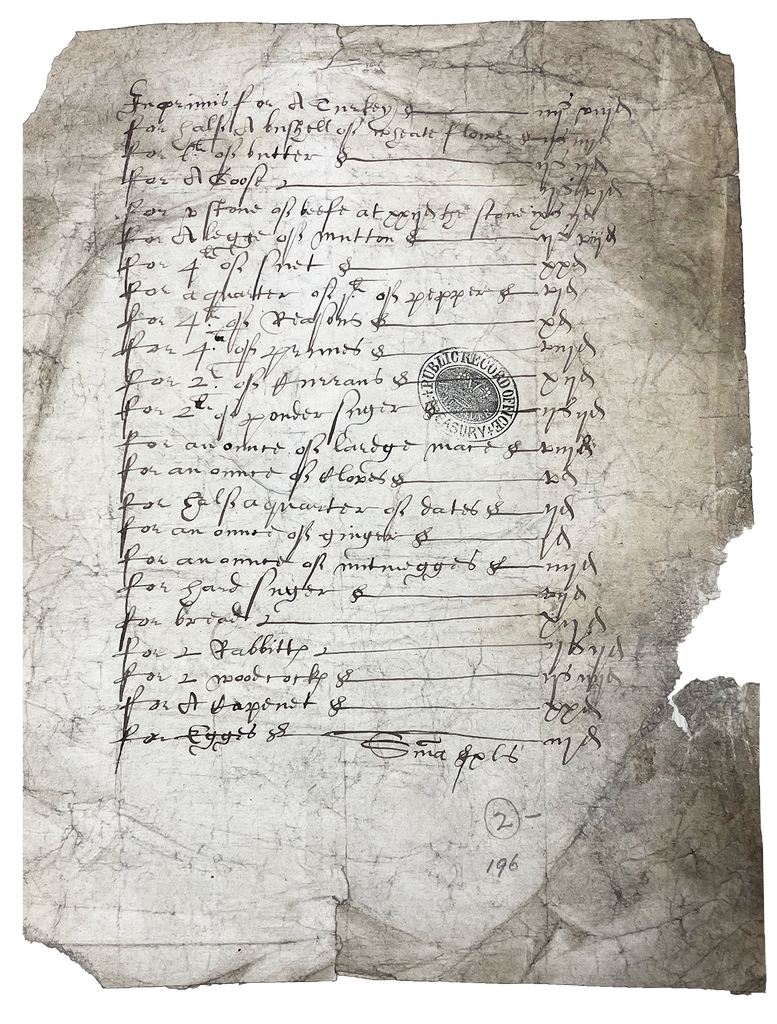 A 17th century document with a handwritten list of food items.