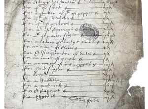 A 17th century document with a handwritten list of food items.