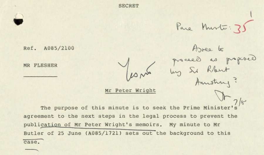 Printed note with handwriting: 'Agree to proceed as proposed by Sir Robert Armstrong?' and 'Yes'.