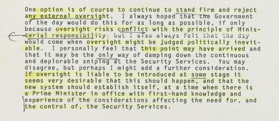 Typewritten note with many sections highlighted or underlined.