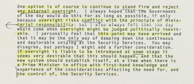 Typewritten note with many sections highlighted or underlined.