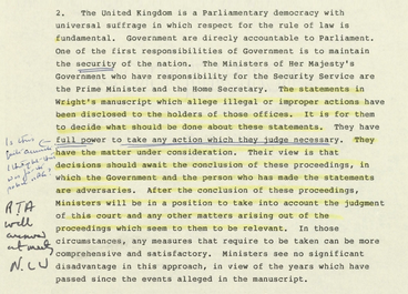Typewritten document with annotations in the margin that are hard to read and some words underlined.