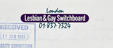 Dark purple logo for London Lesbian & Gay Switchboard, including their helpline number.
