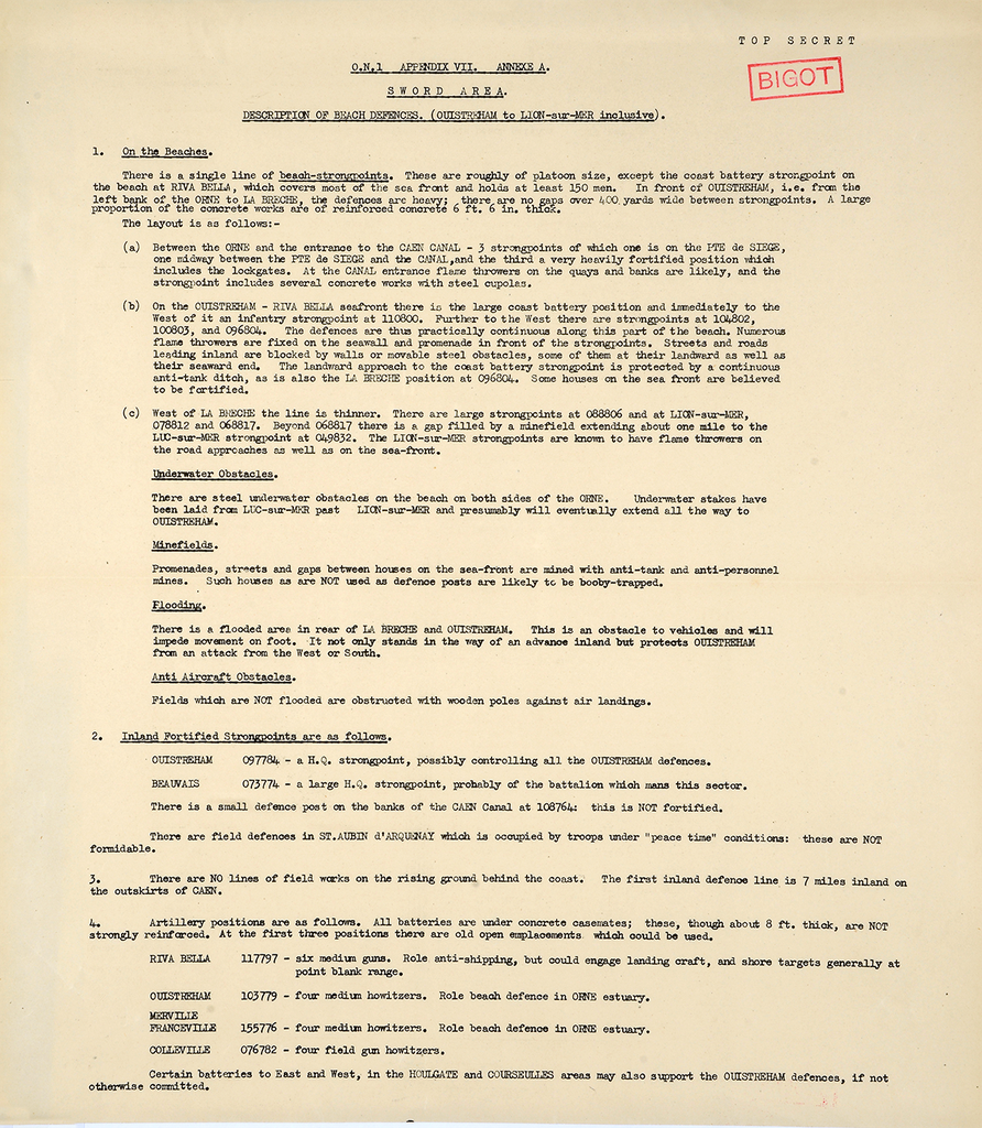 Typewritten document with lists of obstacles 'On the Beaches' and 'Inland Fortified Strongpoints'.