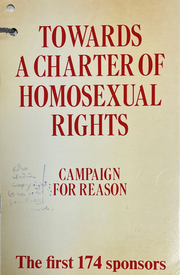 Booklet with bold red text reading, ‘Towards a Charter of Homosexual Rights’.