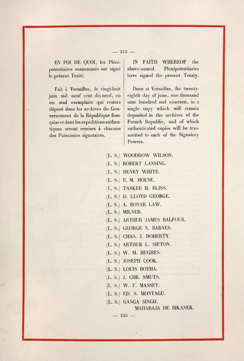 A paragraph in English and French followed by a list of 20 treaty signatories. It has a red border.