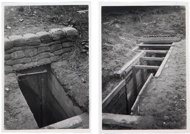 Wooden planks and sandbags above the entrances to two trenches, respectively.