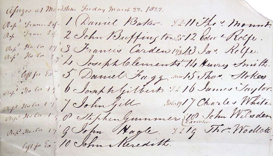 Baron Wood's handwritten report on a trial at Maidstone. Includes a list of convicts for execution.