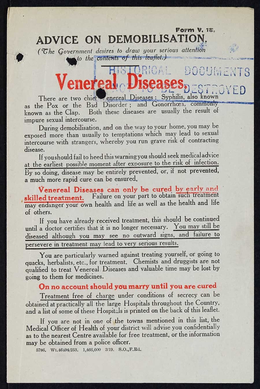 A densely written leaflet giving advice on venereal disease.