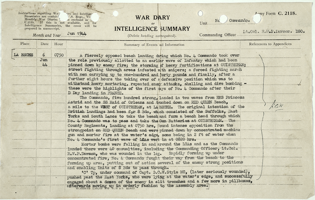 Form headed 'War Diary or Intelligence Summary' completed in typewritten text.