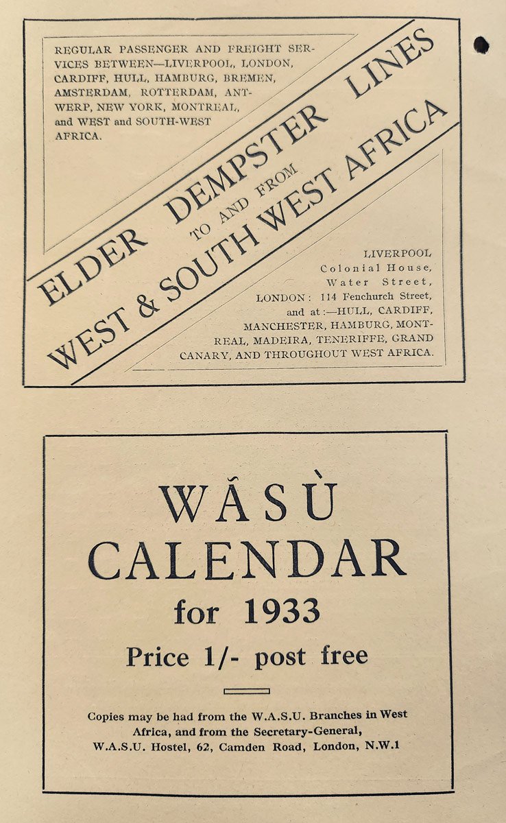 Print adverts including for Elder Dempster Lines passenger service from the UK to Africa.
