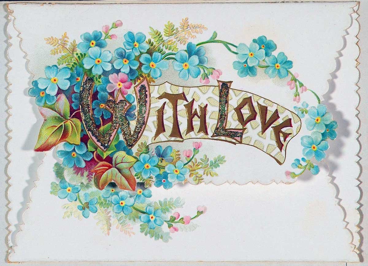 Colourful blue flowers and leaves sketched around the shiny words 'With Love'.