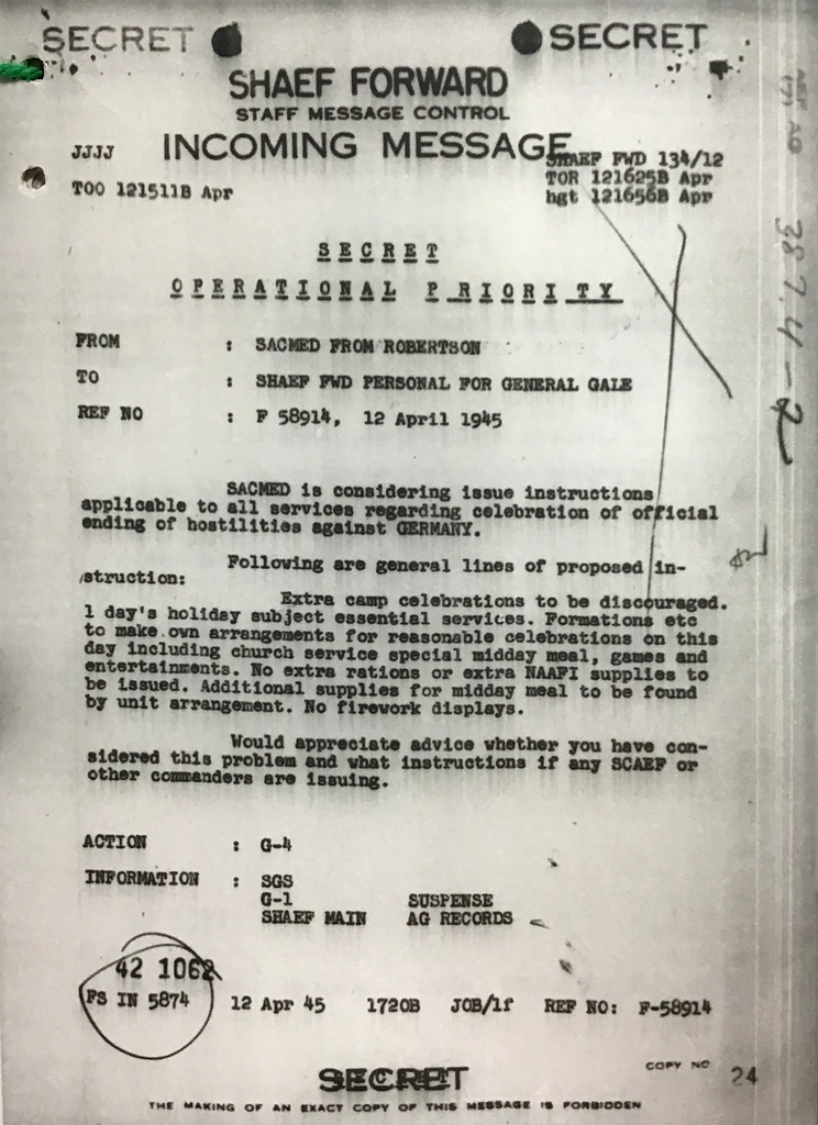 Printed document headed 'SECRET' and 'Staff Message Control Incoming Message'.